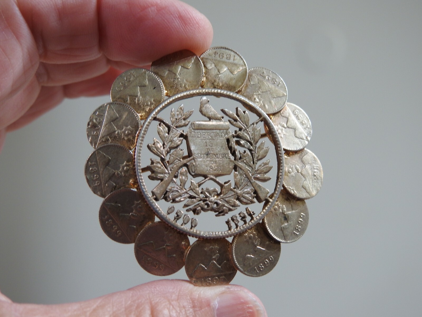 13 antique 1/4 REAL COINS & 1 PESO COIN PIN GUATEMALA silver brooch
