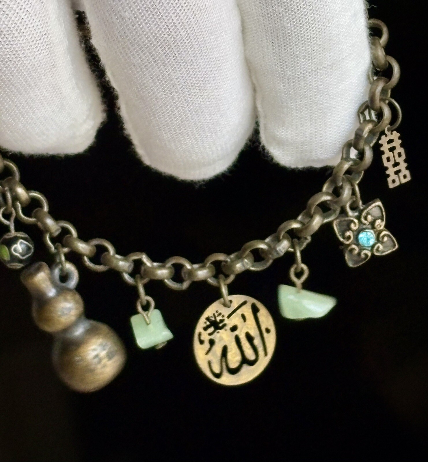 Vintage Chinese Cloisonné Charm Bracelet 7.25in Ladies Good Luck Jade 16.80g