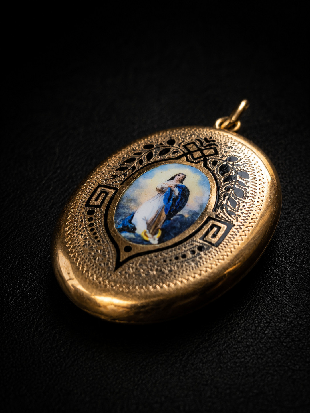 Antique Victorian 14K Gold Virgin Mary Enamel Locket Guilloche Religious Pendant