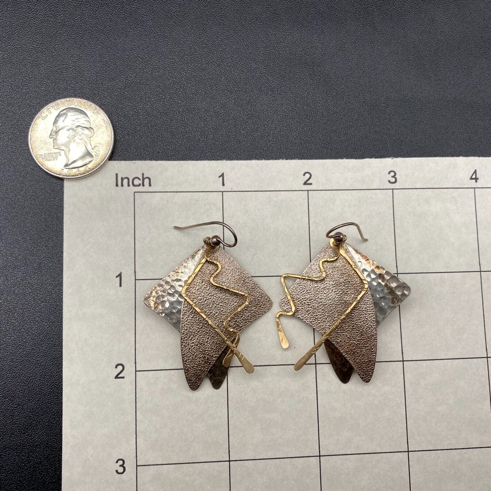 Vintage Modernist Mixed Metal Sterling Silver Dangle Earrings