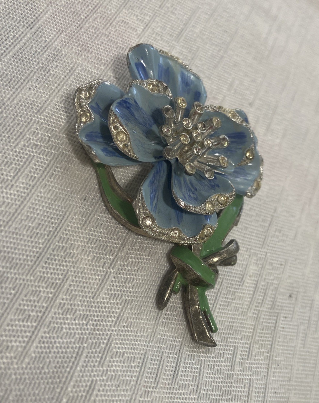 New England Glass Works Trembler Brooch Blue Pansy Flower Enamel Pot Metal