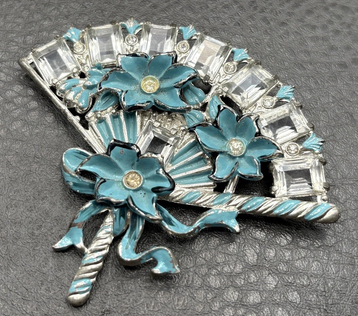 Vintage HUGE Deco Pot Metal Blue Enamel Flower Fan Ribbon Brooch Pin