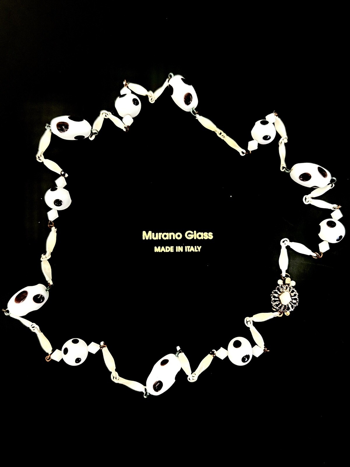 RARE VNTG. MURANO GLASS~BLK&WHT DOTS~ENAMELED BAR LINK STATION NECKLACE ~28”