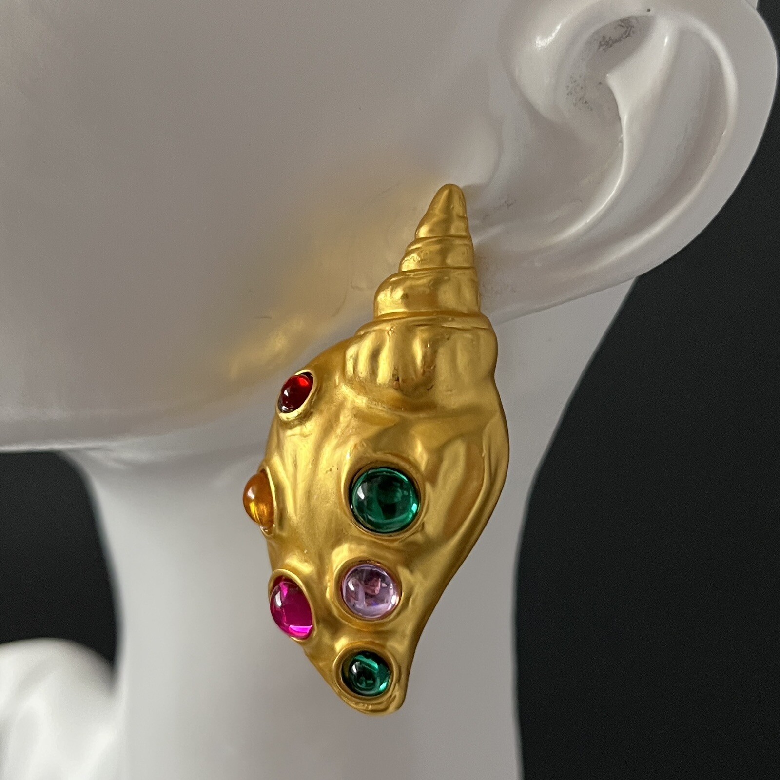 Matte Gold Seashell Conch Shell Earrings Mogul Cabochon Pierced Statement Bold