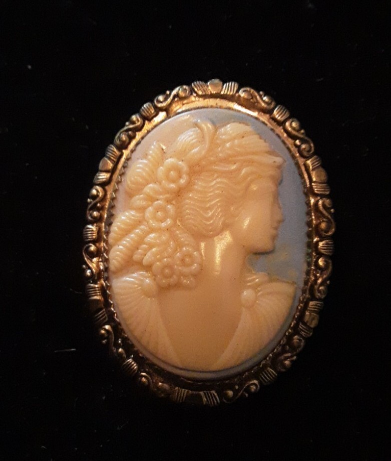 Gold Tone Blue Cream Female With Flowers In Her Hair Cameo Brooch Pin