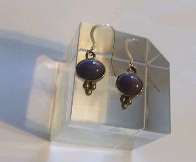 Vintage Sterling Silver Purple Iolite 1.25″ Dangle Hook Earrings
