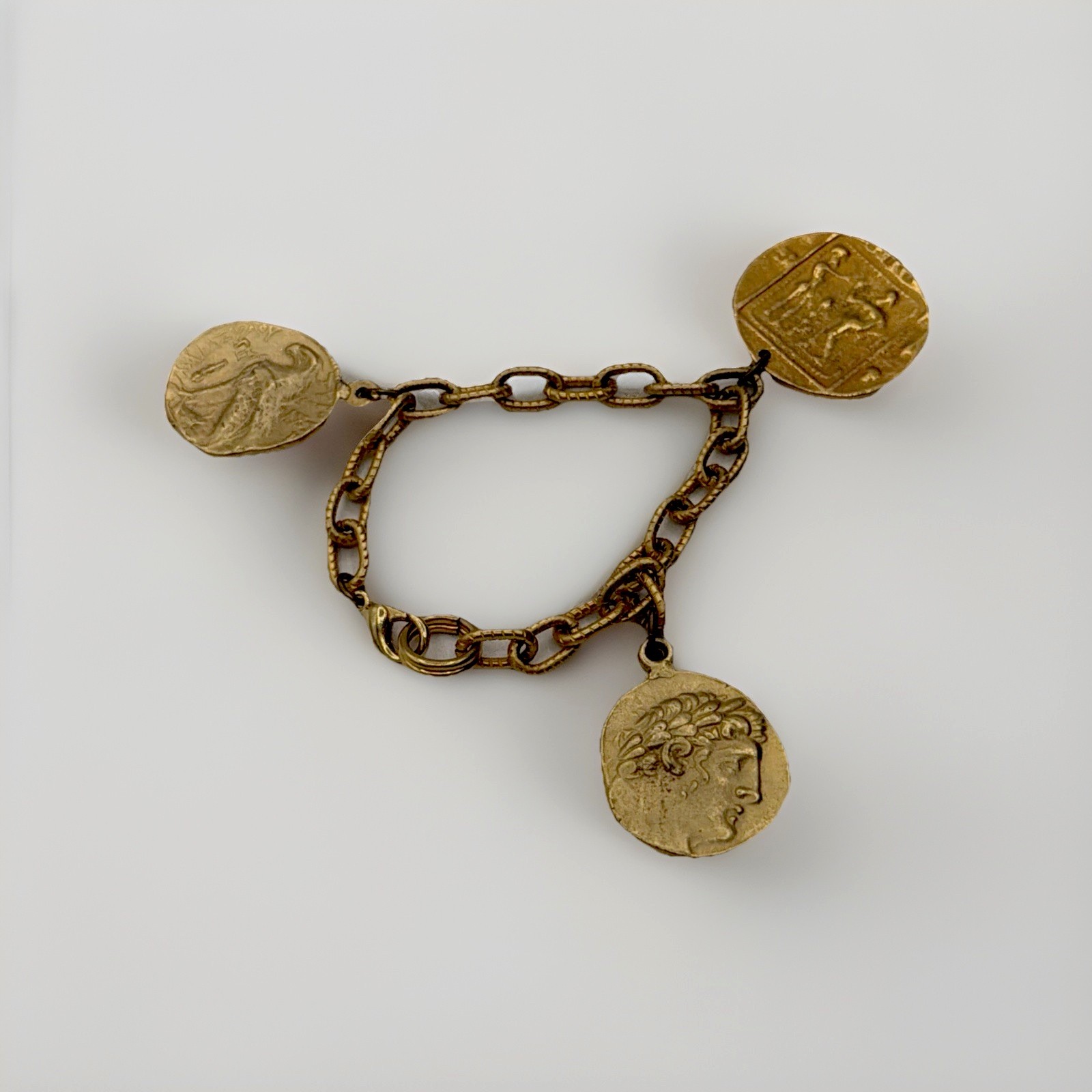 Vintage Gold Tone Coin Charm Bracelet • Ancient‑Style Medallions Textured Chain