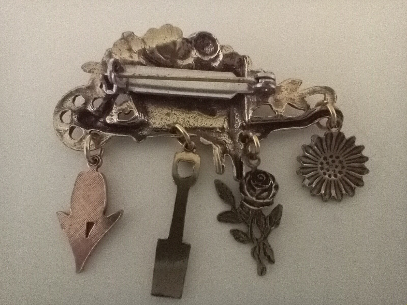 Gardener Brooch Gold-Toned Wheelbarrow Floral Pin with 4 Charms Gift Vintage