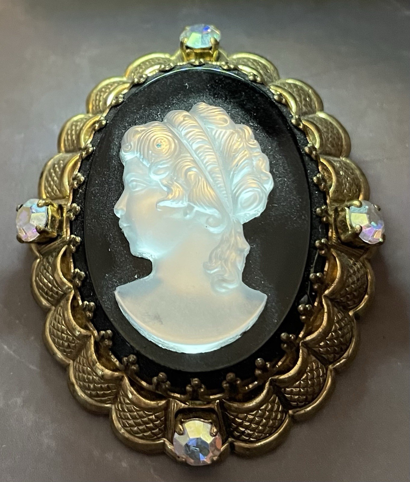 20th Century W German Gold Filigree Carved Glass Cameo Austrian Crystal Brooch