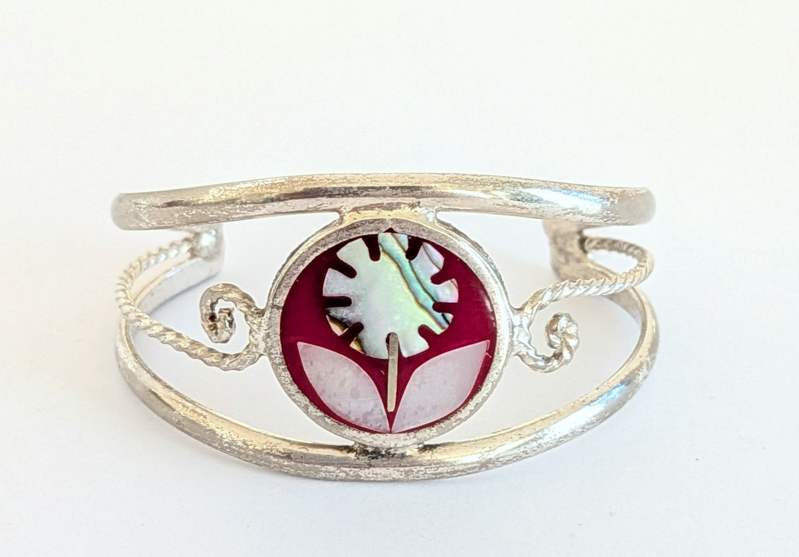 Sweet Alpaca Mexico MOP Inlaid Pink Enamel Childs Silver Cuff Bracelet