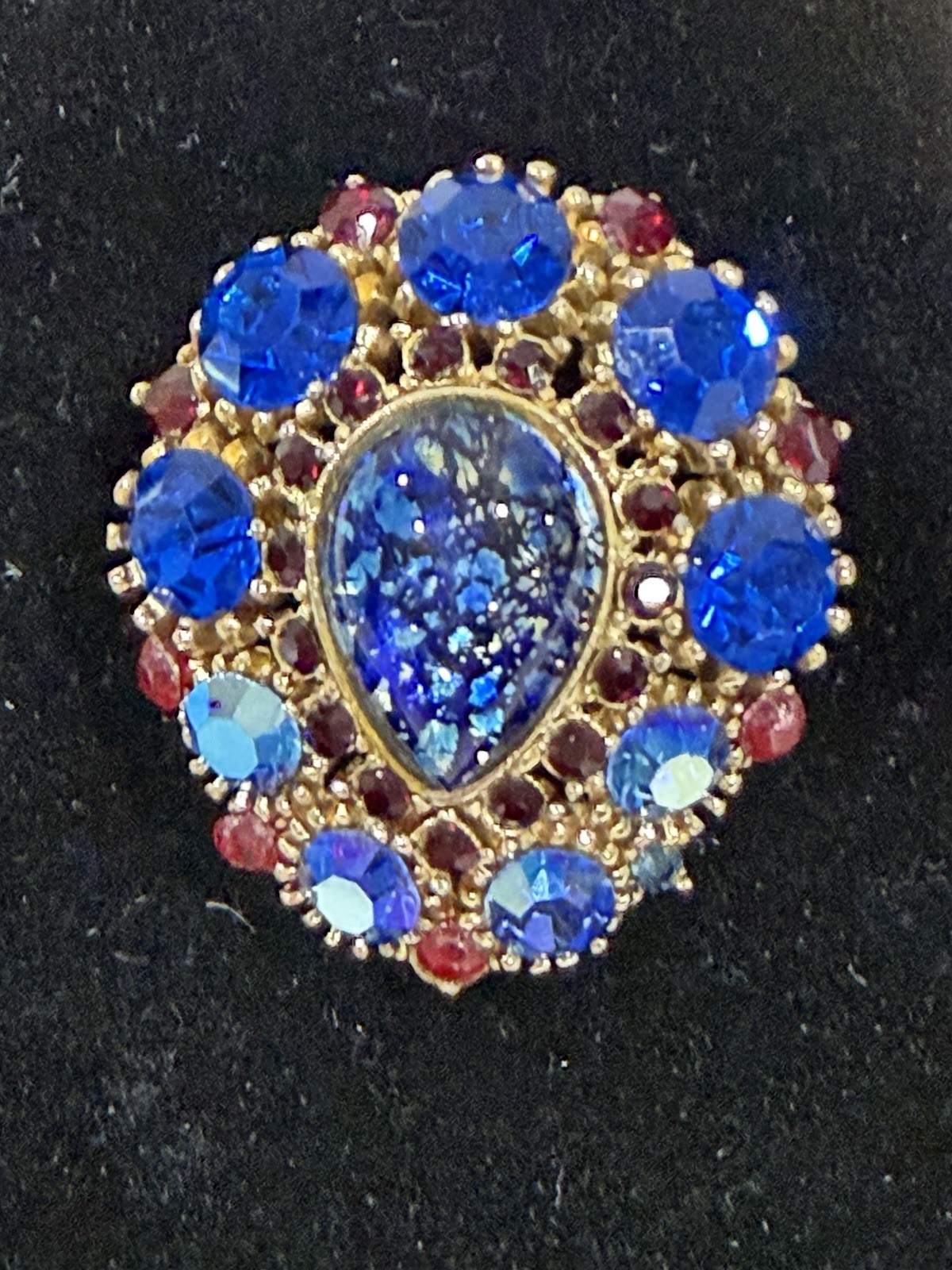 Vintage Brooch Center Teardrop Colbalt Blue AB Rhinestone Ruby Red Accent Stones