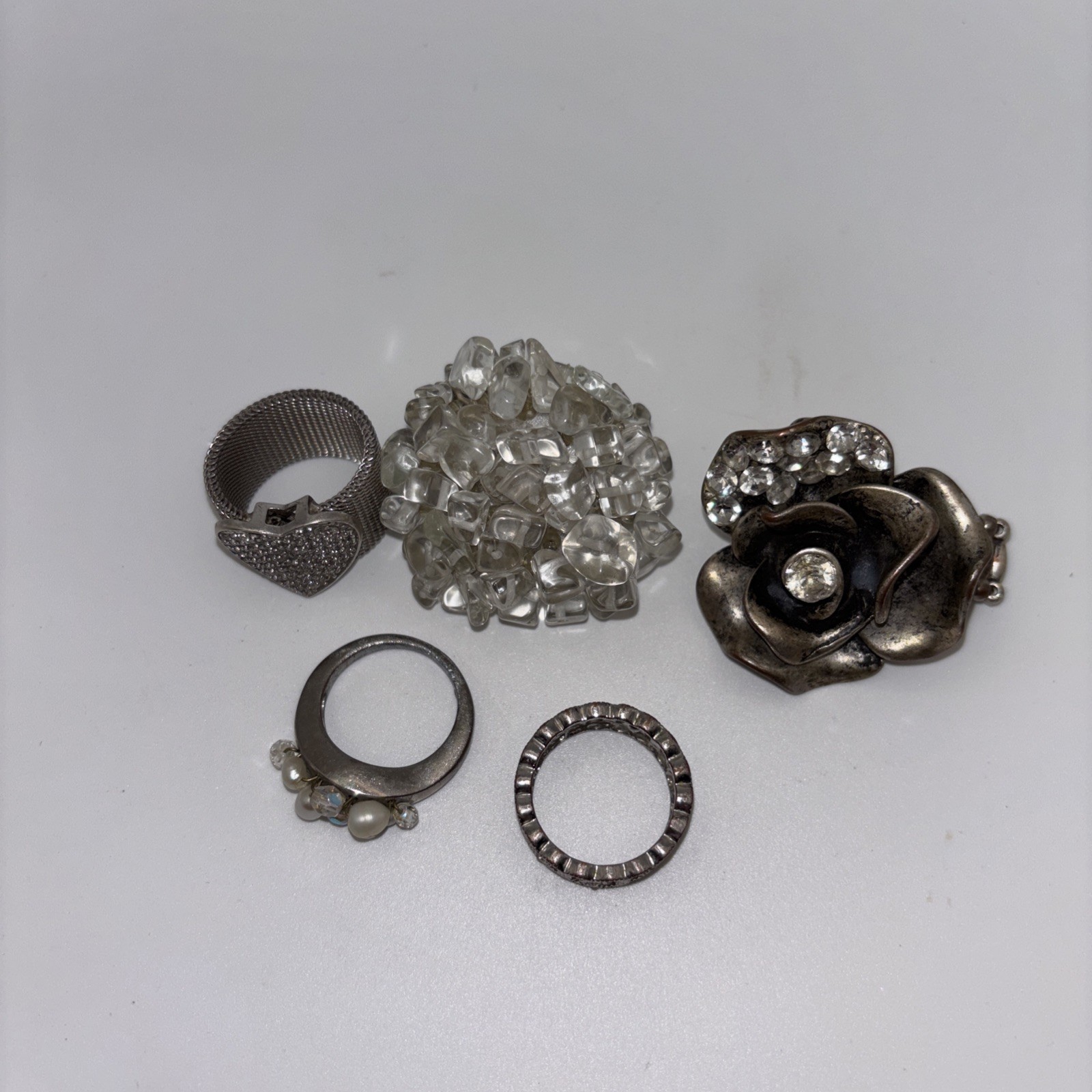 Vintage Costume Jewelry Lot Of 5. Flowers, Heart, Jewels, And More. Various Size