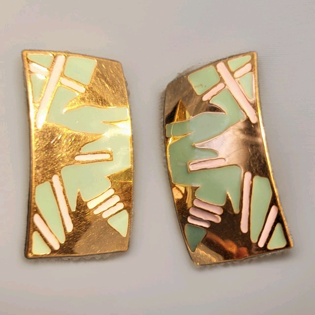 Vintage L Bott Modernist Art Deco Gold Toned Geometric post earrings Teal