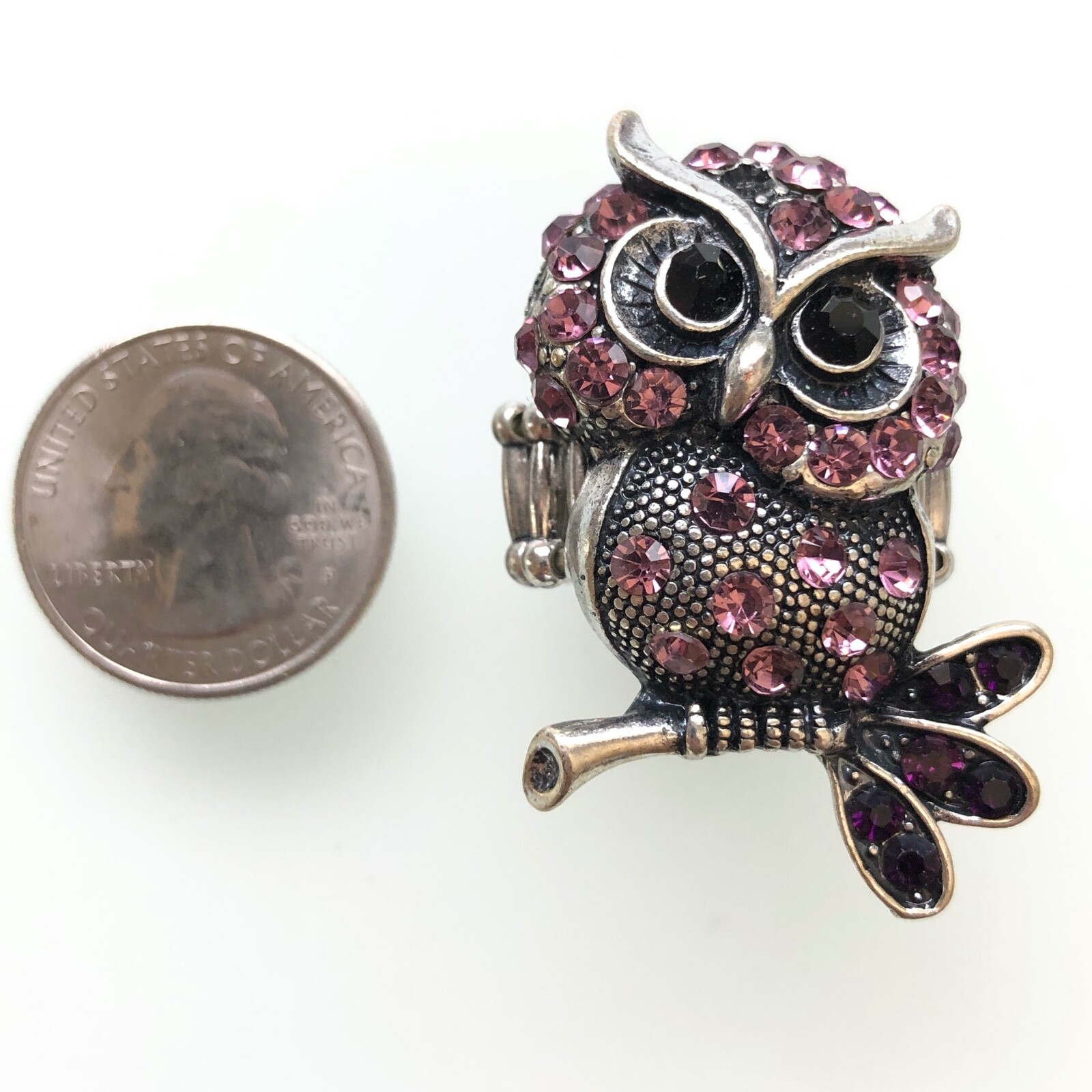 Vintage 70s Style Metal Ring Pink Rhinestones Expanding Band 1.5″ Tall