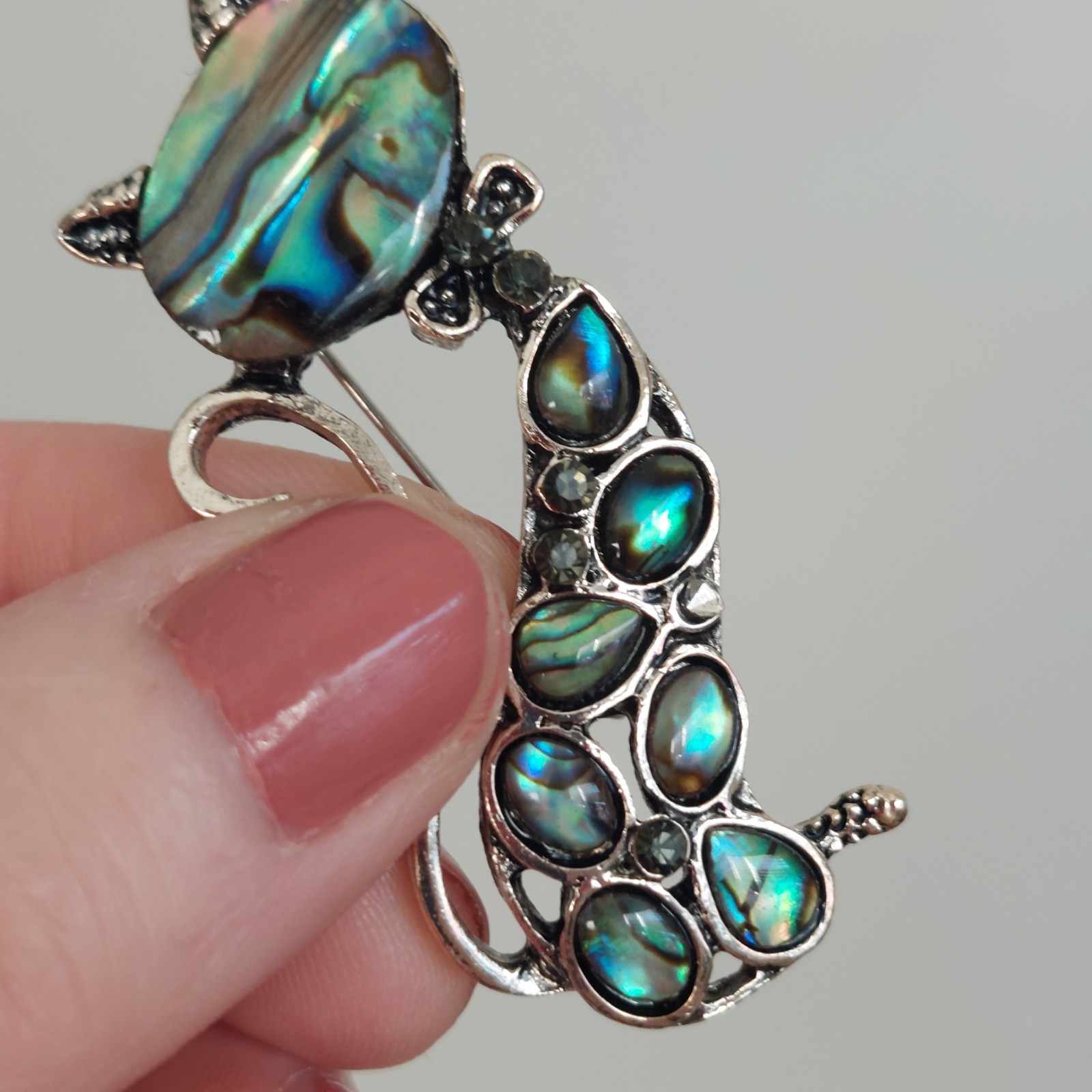 Whimsical Retro Cat Brooch Faux Abalone Silver Tone MCM Style 2″