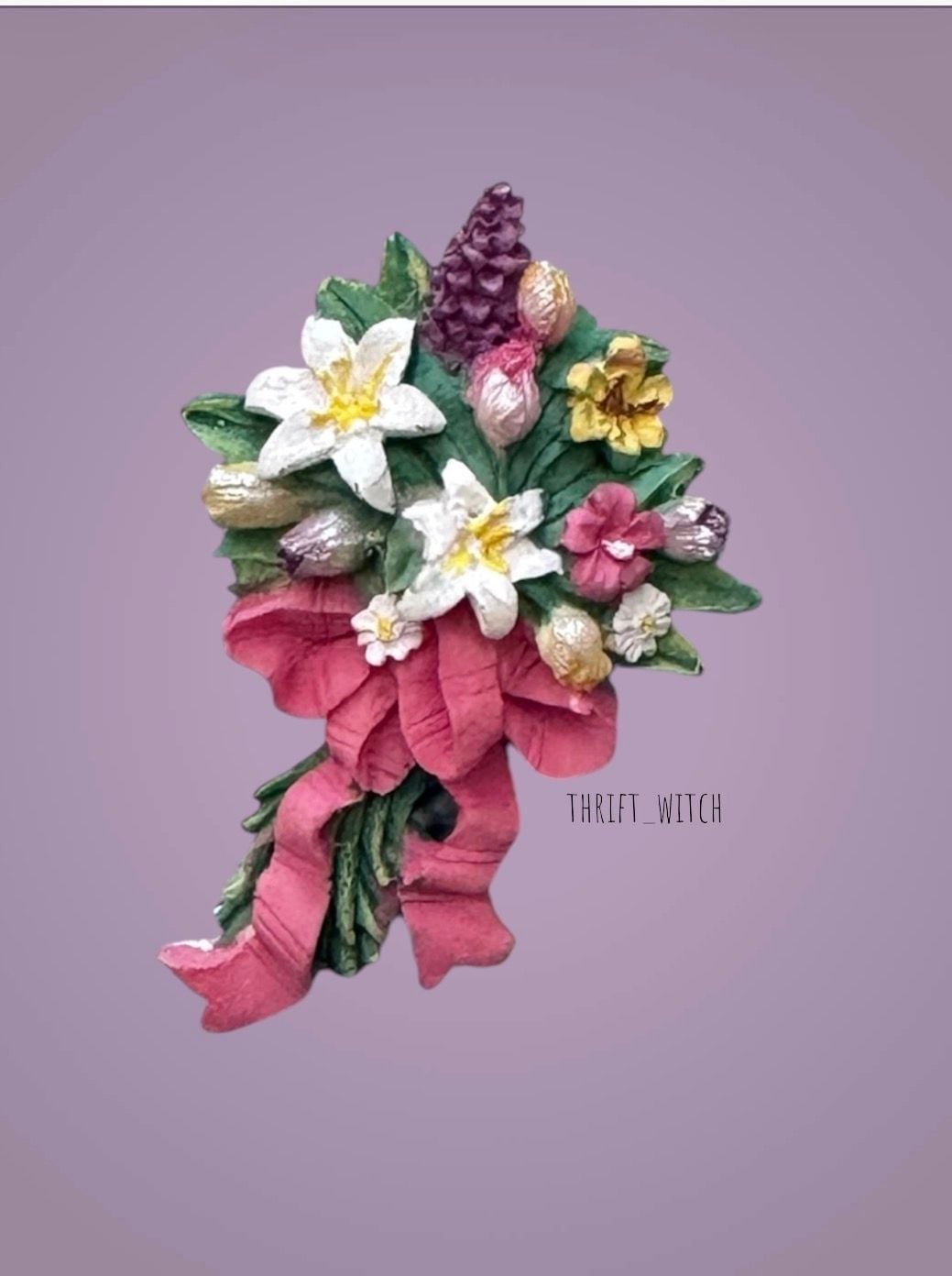 Vintage Pin Brooch Flower Bouquet With Bow Pink White Green Purple Yellow Used –