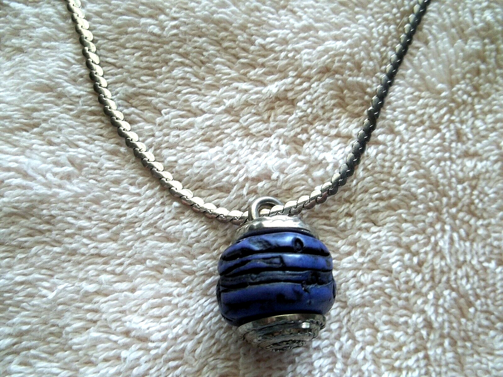 Signed KOREA Carved Blue Resin Pendant, Silver Tone Metal Chain