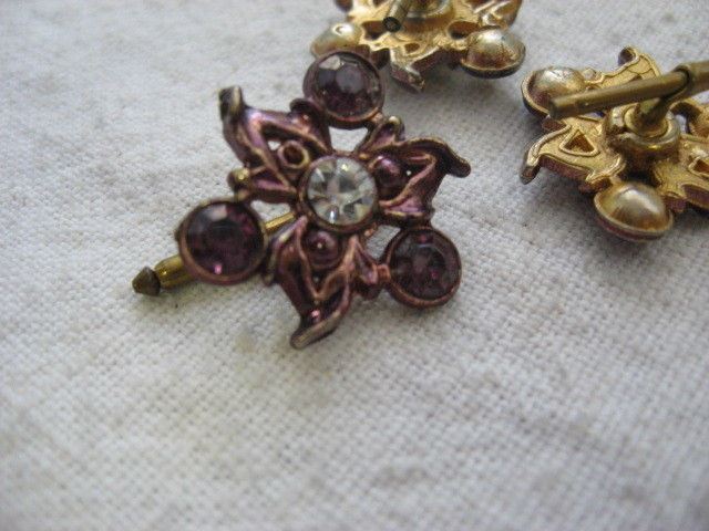 Vintage Set of 3 Purple Rhinestone Flower Shirt Studs Dress Pins Enamel Finish