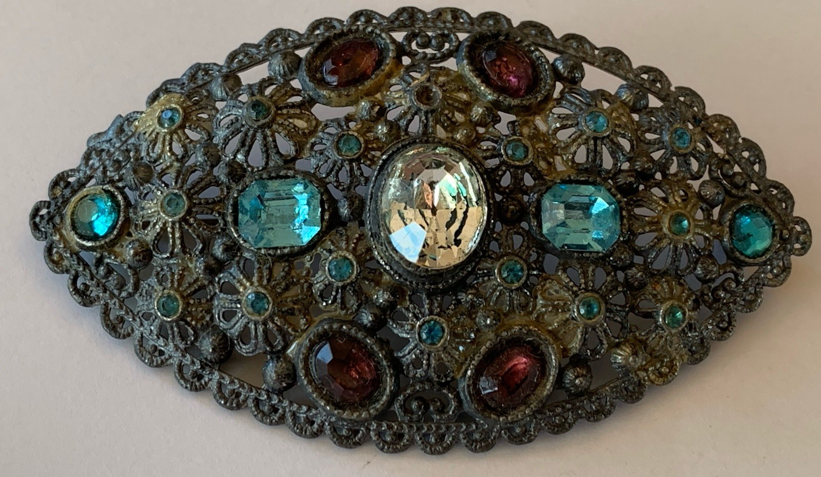 New England Glass Works Antique Brooch Pin Rhinestones Filigree Marked