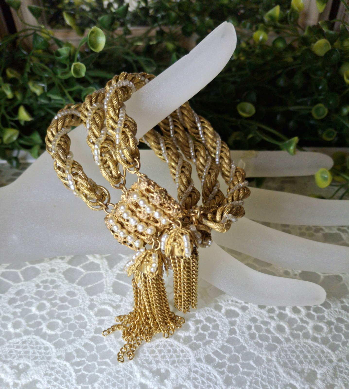 Frilly Miriam Haskell Russian Gold Chain & Seed Pearl Tassel Bracelet