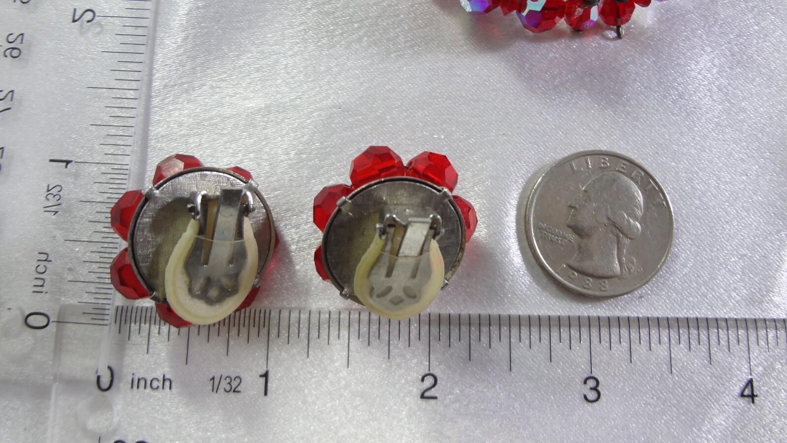Vtg C: Late 1950’s AB Red Faceted Glass 2 Strand Necklace Bracelet Earrings Set!