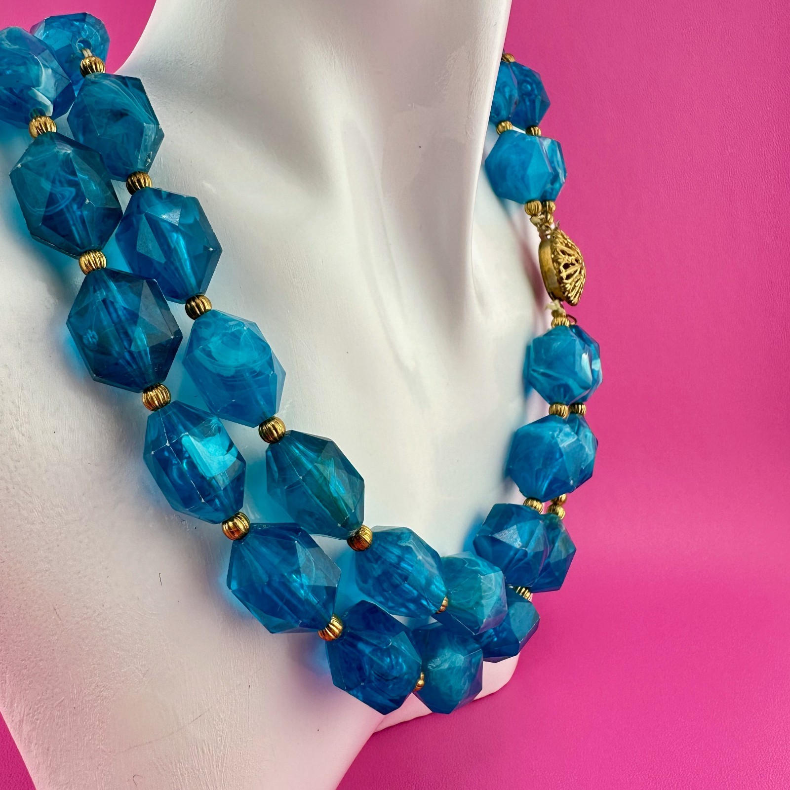 Vintage Necklace Aqua Blue Marbled Acrylic 2 Strand Filigree Clasp Faceted Bead