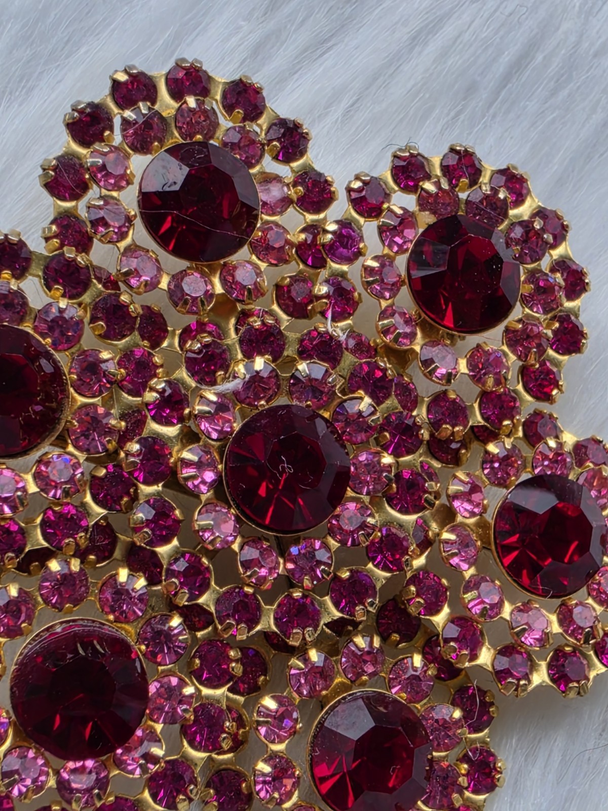 Vintage Mid Century Fuchsia Ruby Red Rhinestone Cluster Flower Brooch Floral