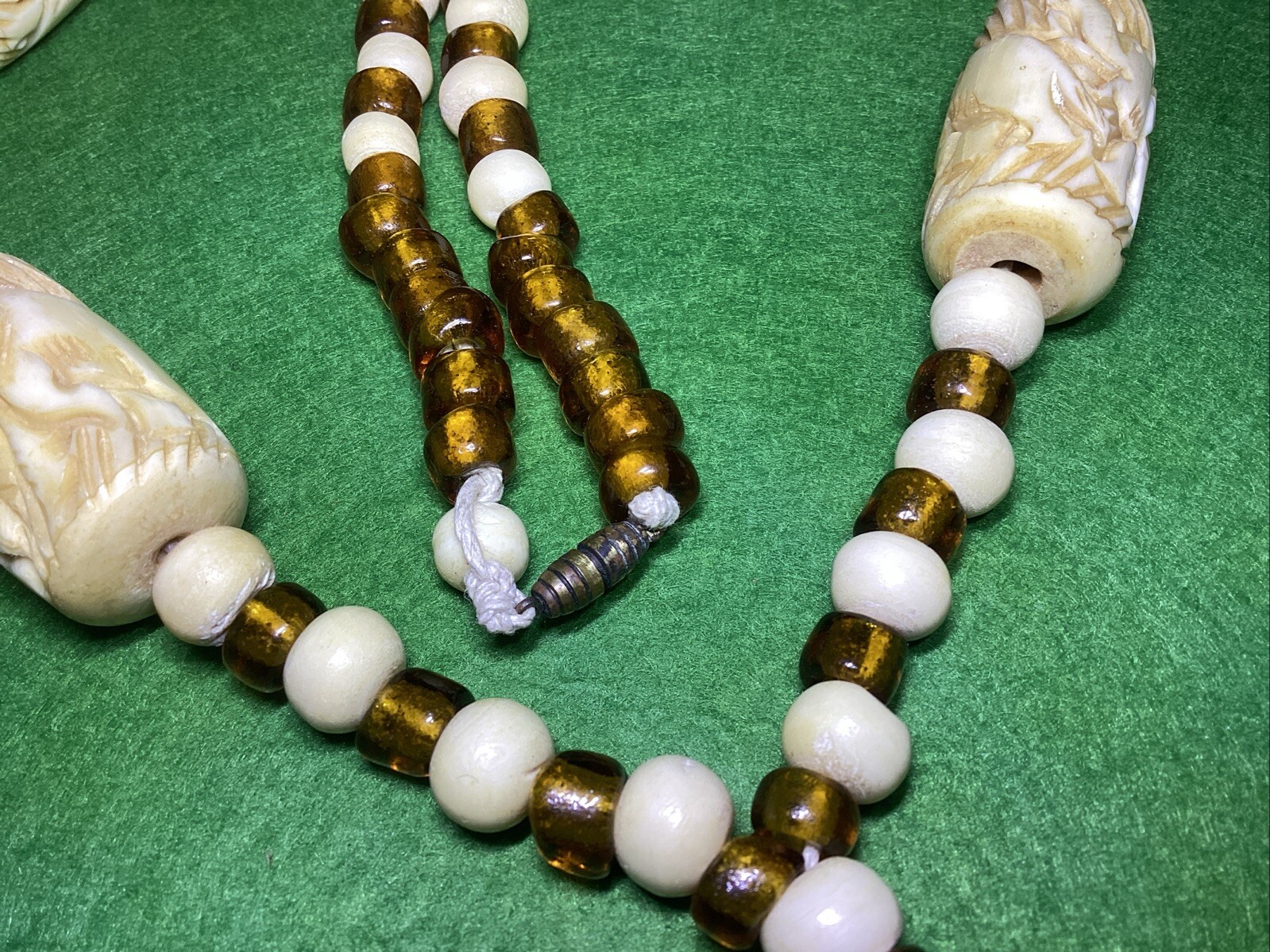 Vintage Elephant Theme Carved Bovine Bone & Amber Glass Beads 27” Necklace