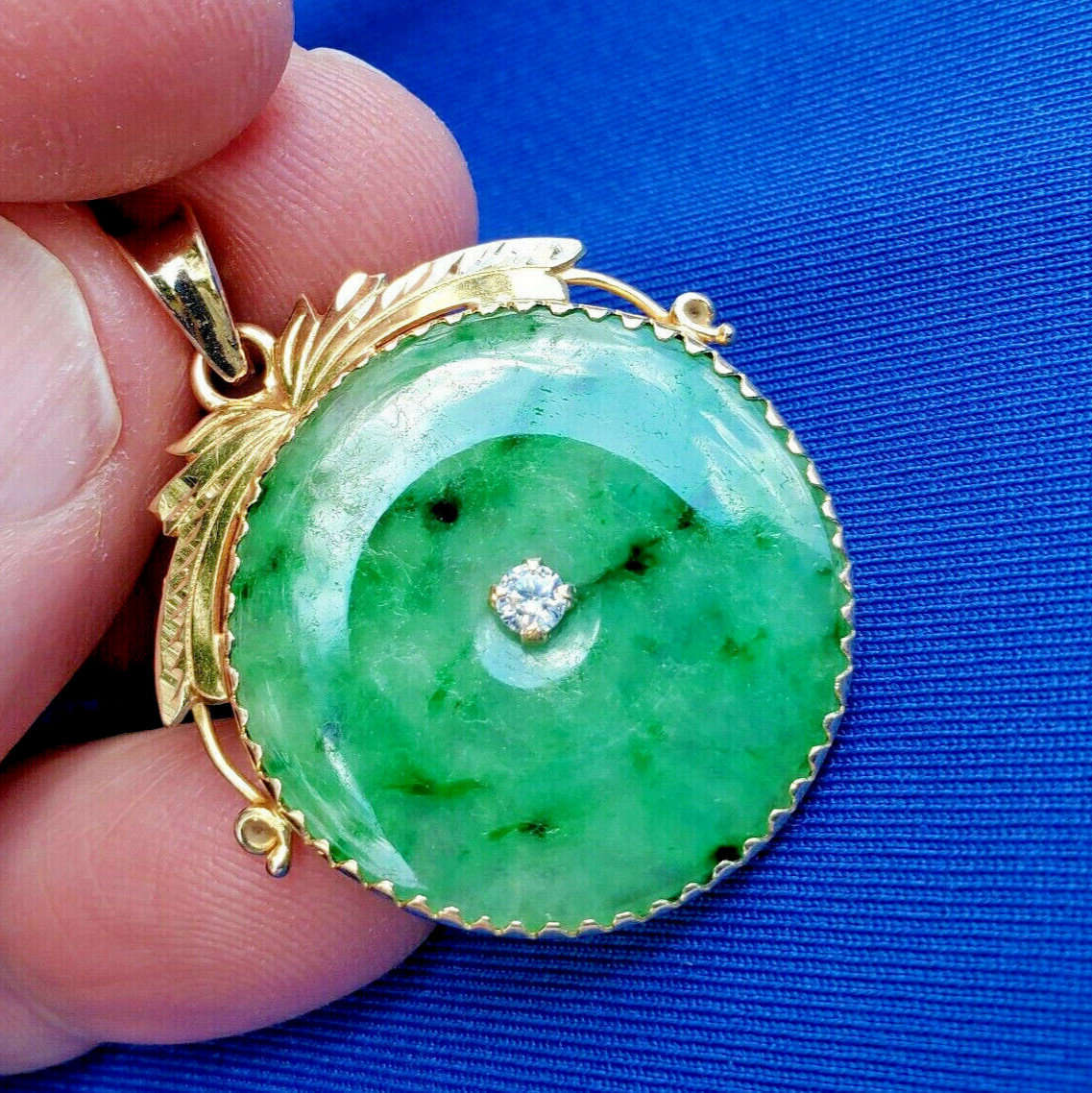EARTH MINED Green Jadeite JADE DIAMOND Vintage Deco Pendant 14K GOLD Medallion
