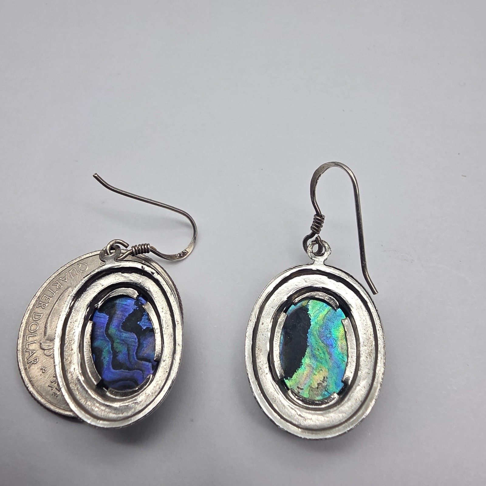 Paua Abalone Shell Sterling Silver Oval Dangle Pierced Earrings Vintage