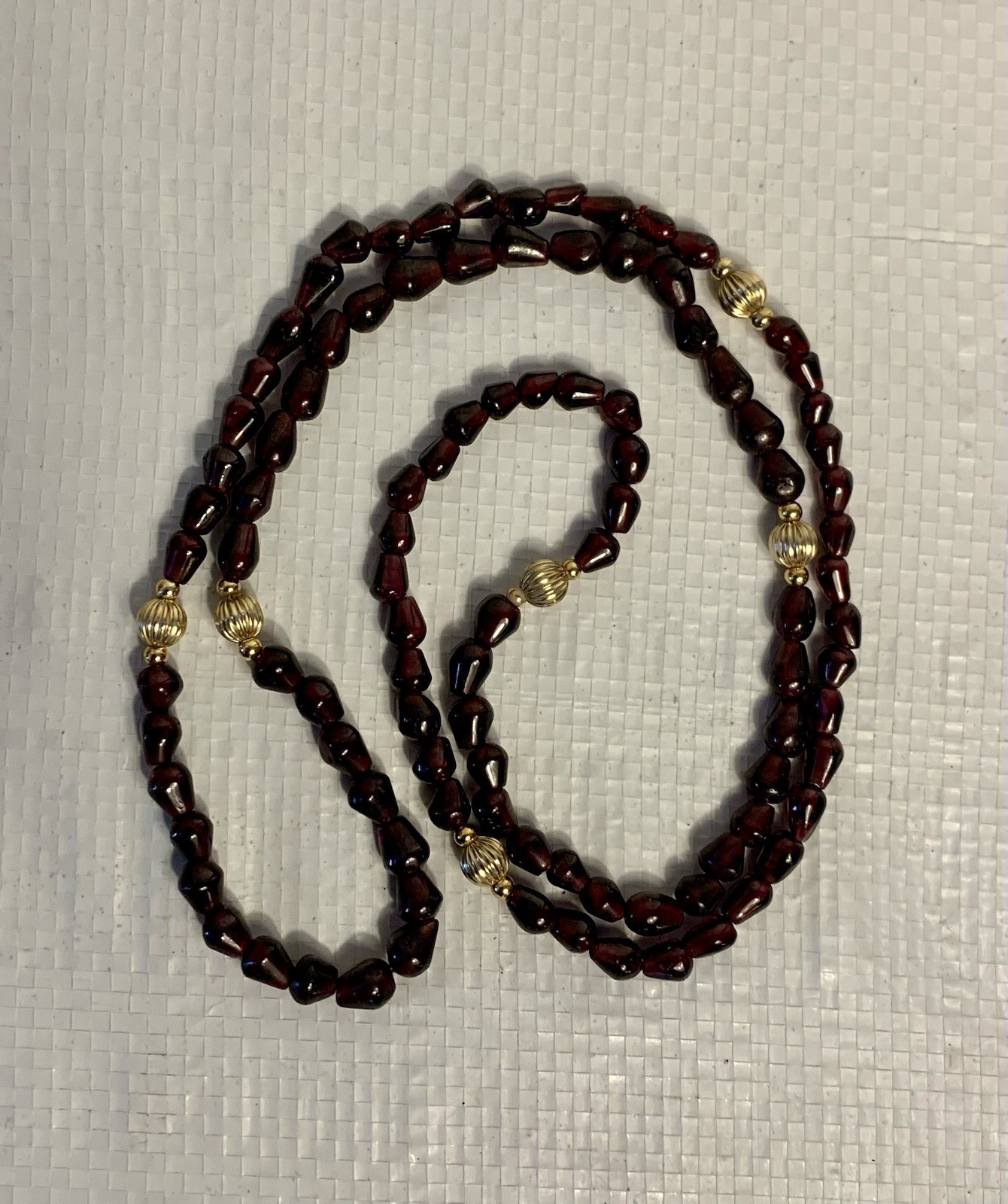 Vintage Dark Red Garnet Beaded Necklace With Gold Plated Accent Beads, 30” L