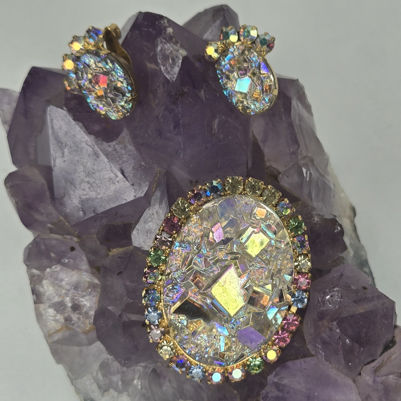 Vintage Juliana DeLizza & Elster Crystal Geode Brooch & Earrings Rare Book Piece