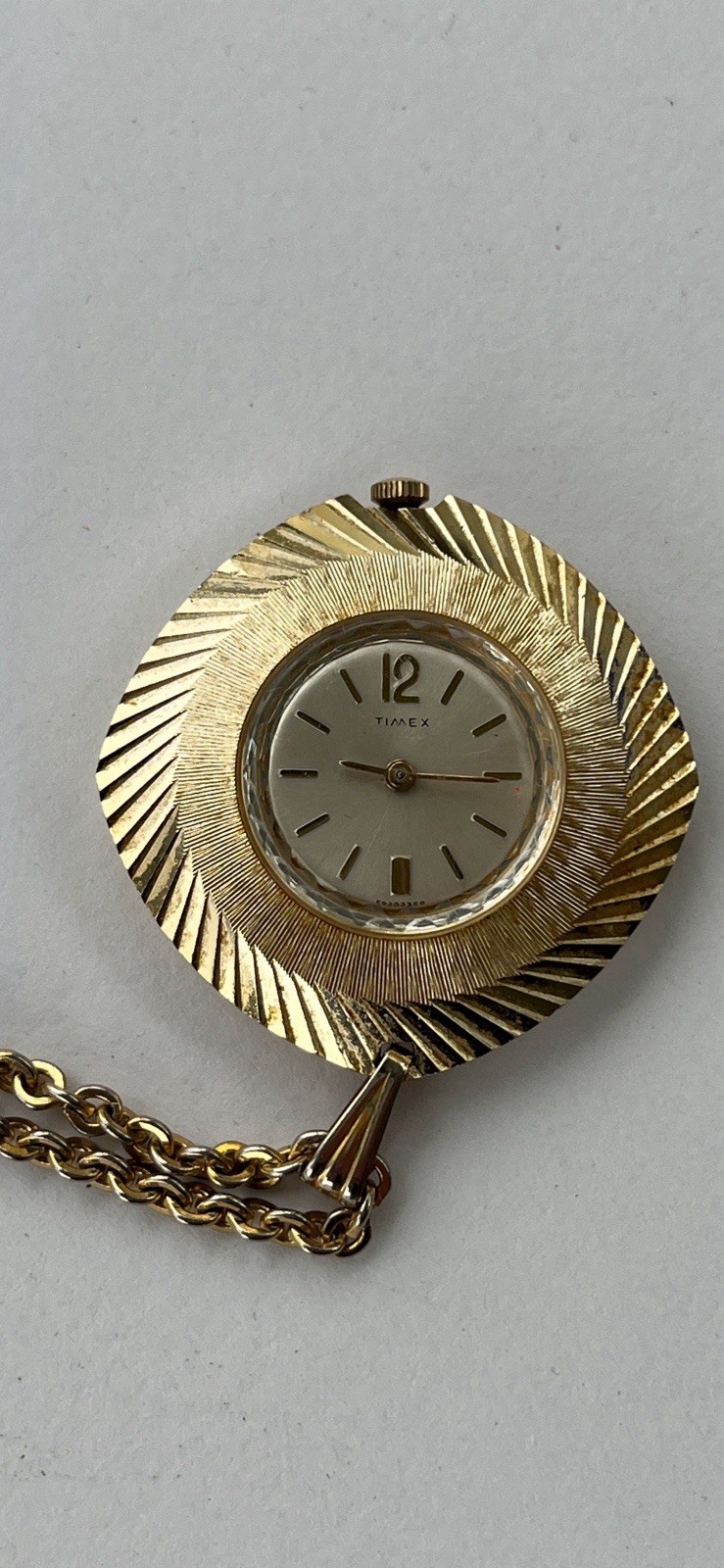 Vintage Signed Timex Gold Tone Aluminum Hand-Wind Necklace Pendant