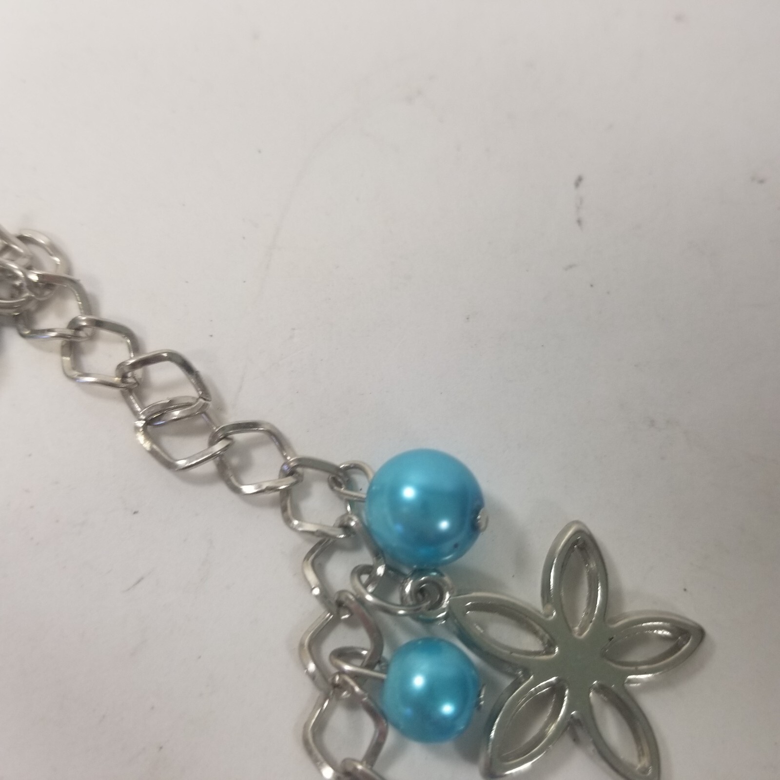 Charm Bracelet Blue Silver Tone Flower Glass Bead Dangle