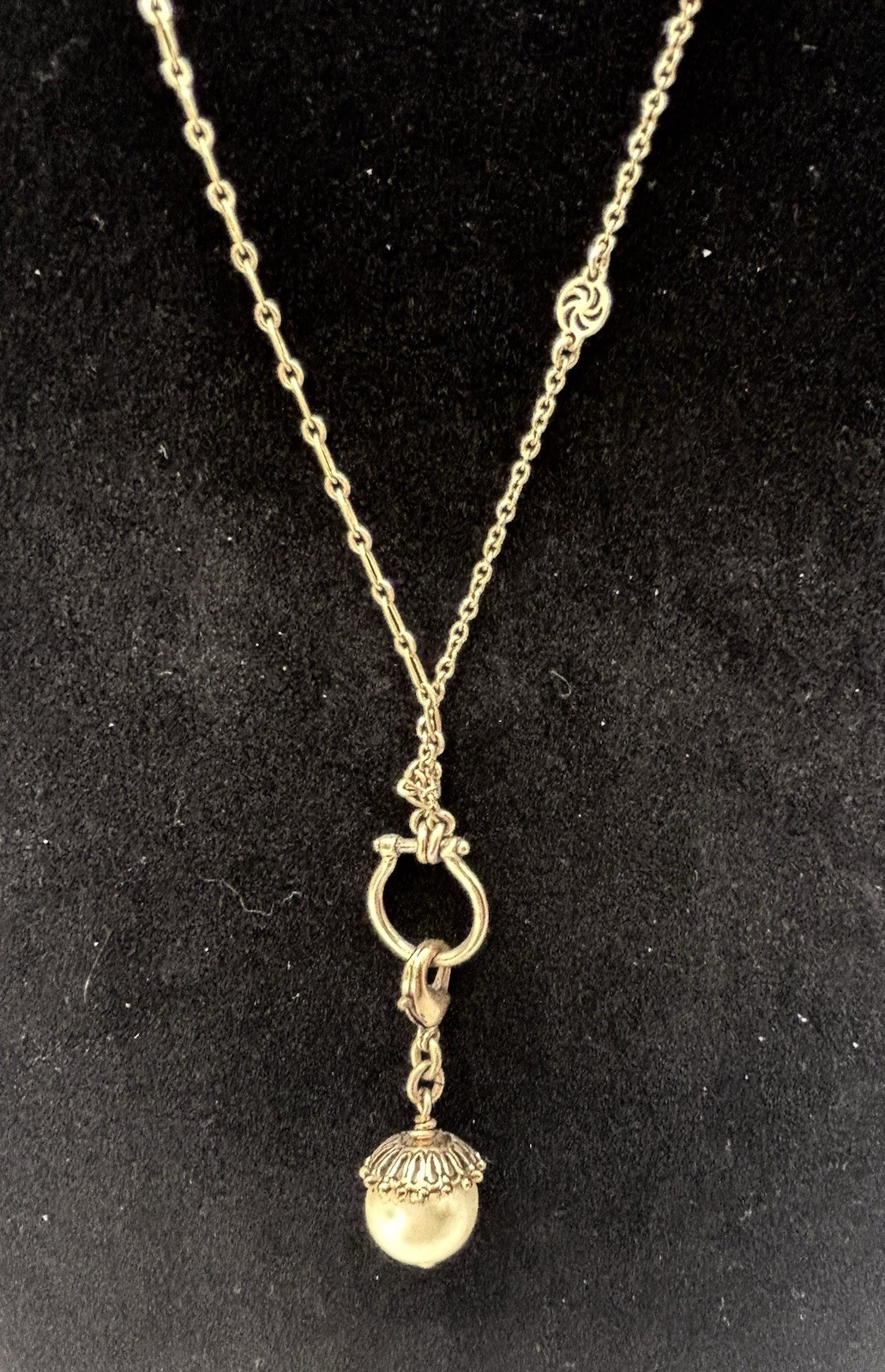 Danish Design Pearl Charm Holder Necklace 24-30″ Antique Brass Stations