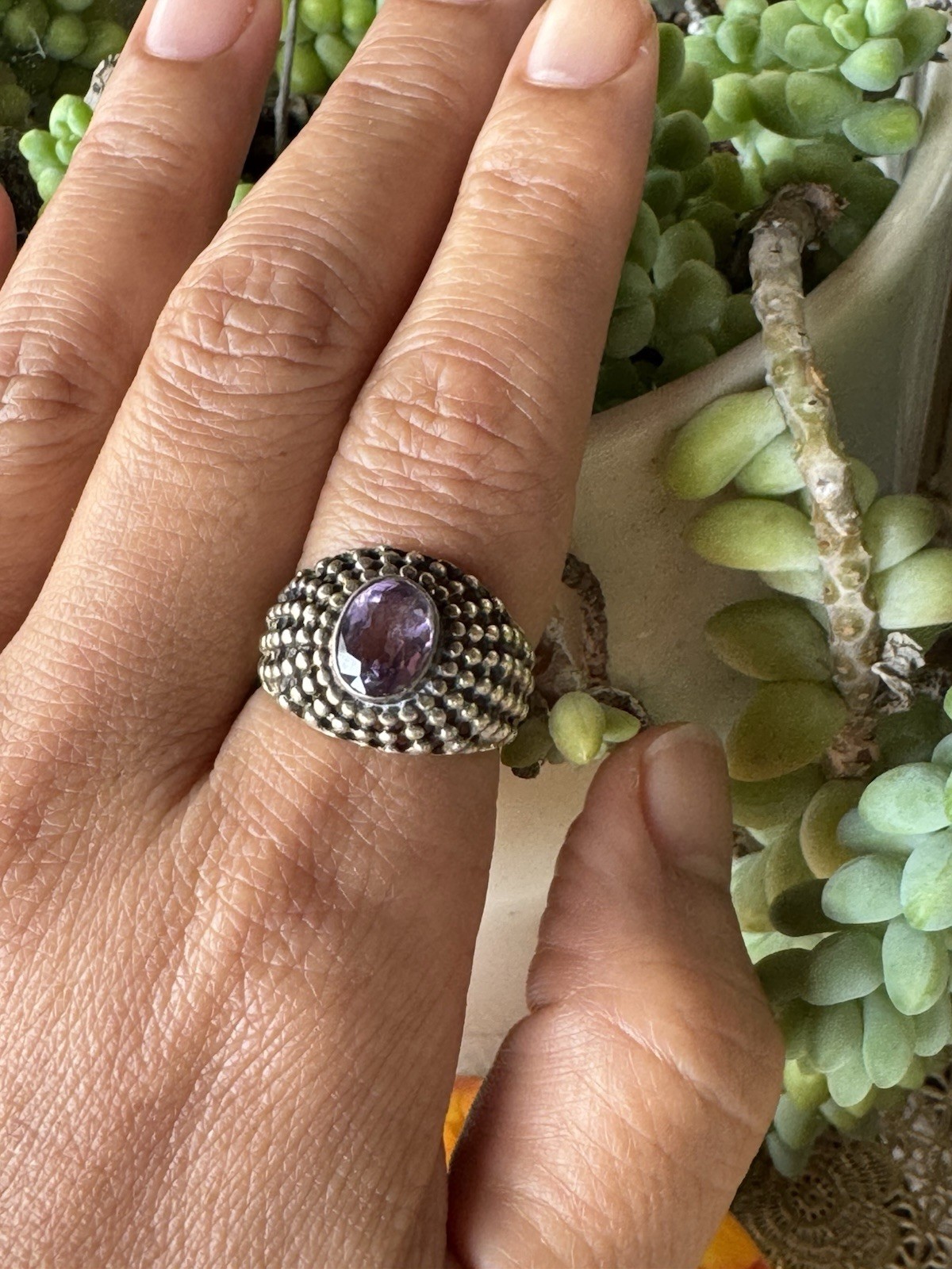 VINTAGE DECO AMETHYST STERLING Gold Over STERLING SILVER RING Sz 7.5 Signed NF