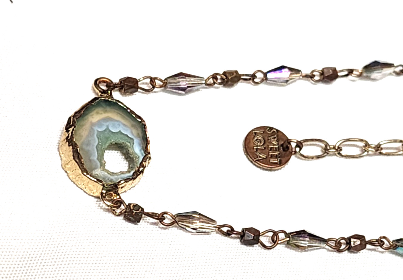 Vintage Sweet Lola Brass Blue Green Beaded Geode Pendant Necklace 17″ Choker