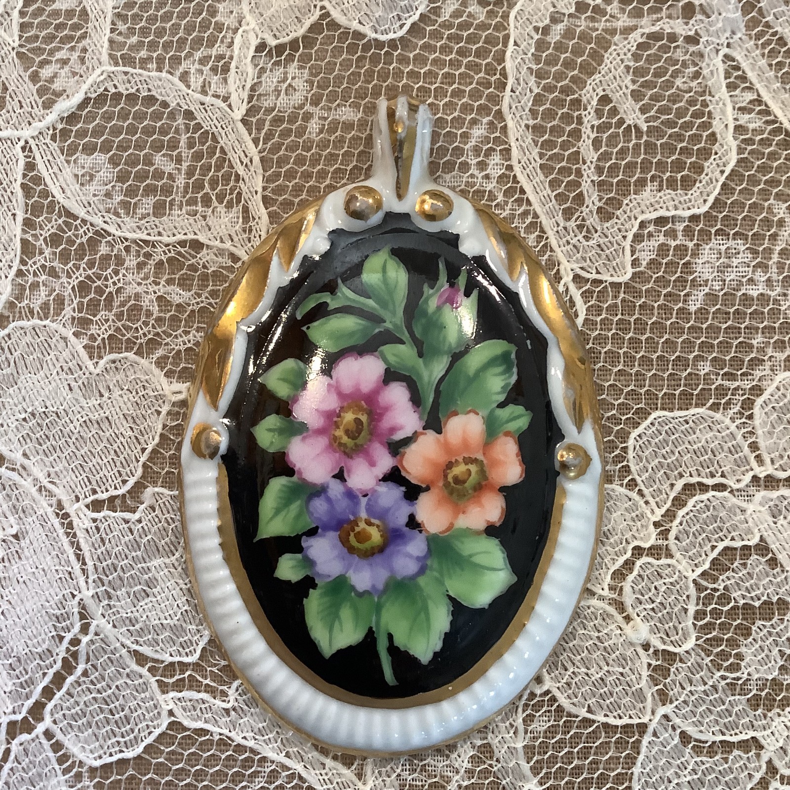 white black floral hand painted large porcelain vintage pendant 2.5″ victorian