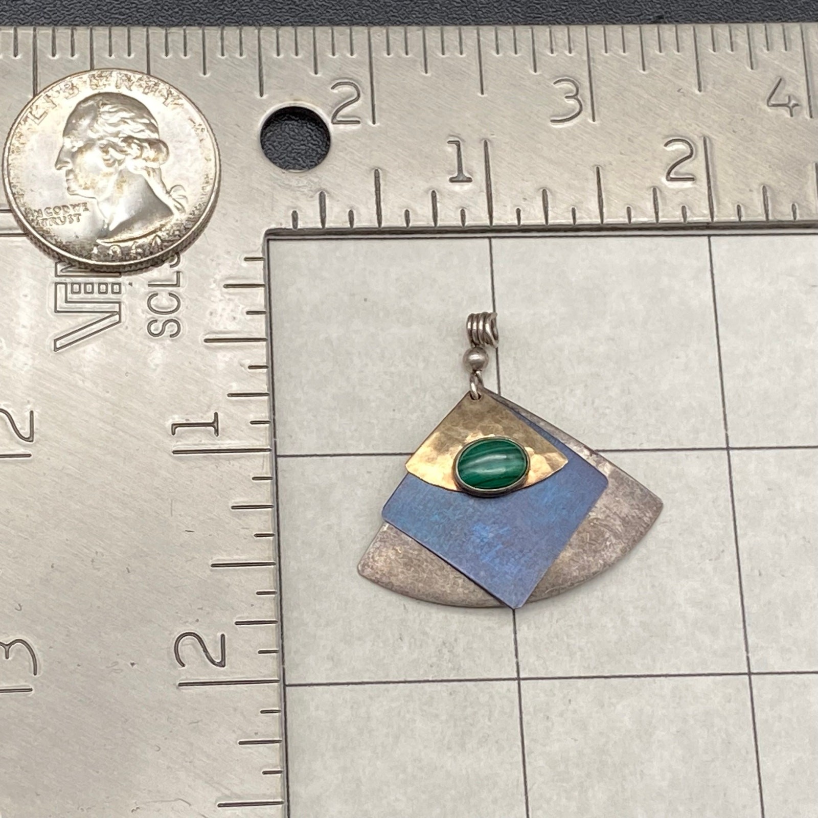 Vintage Modernist Malachite Sterling Silver Mixed Metal Dangle Pendant
