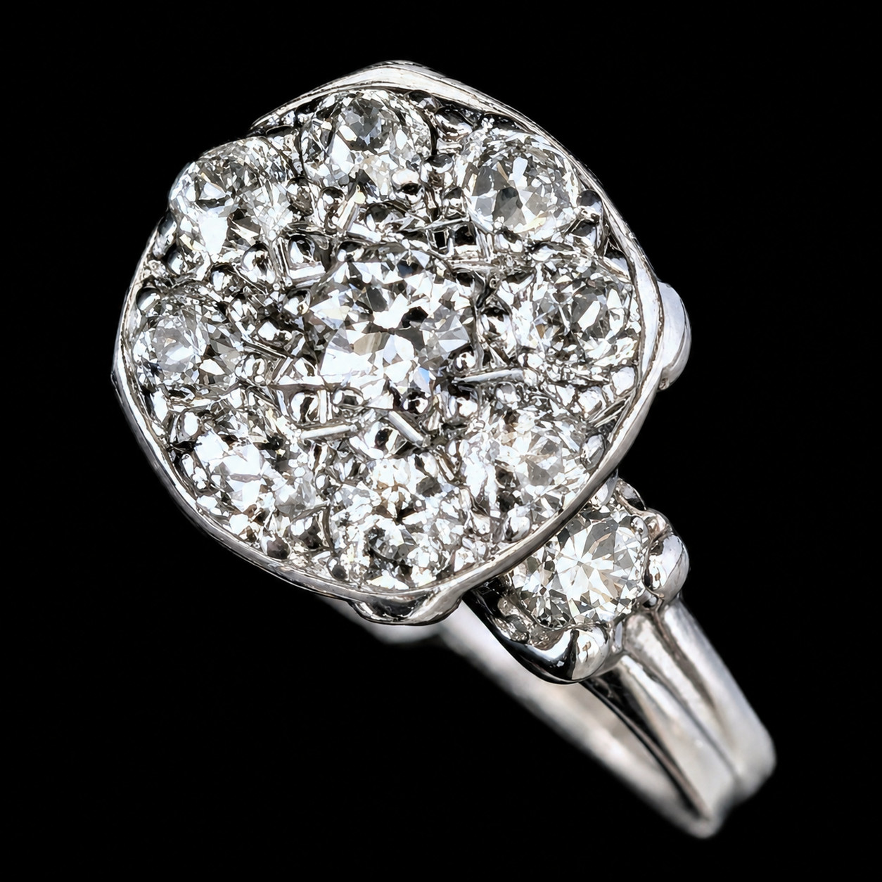 Vintage Old European Cut Diamonds 12k-14k White Gold Cluster Cocktail Ring Gift