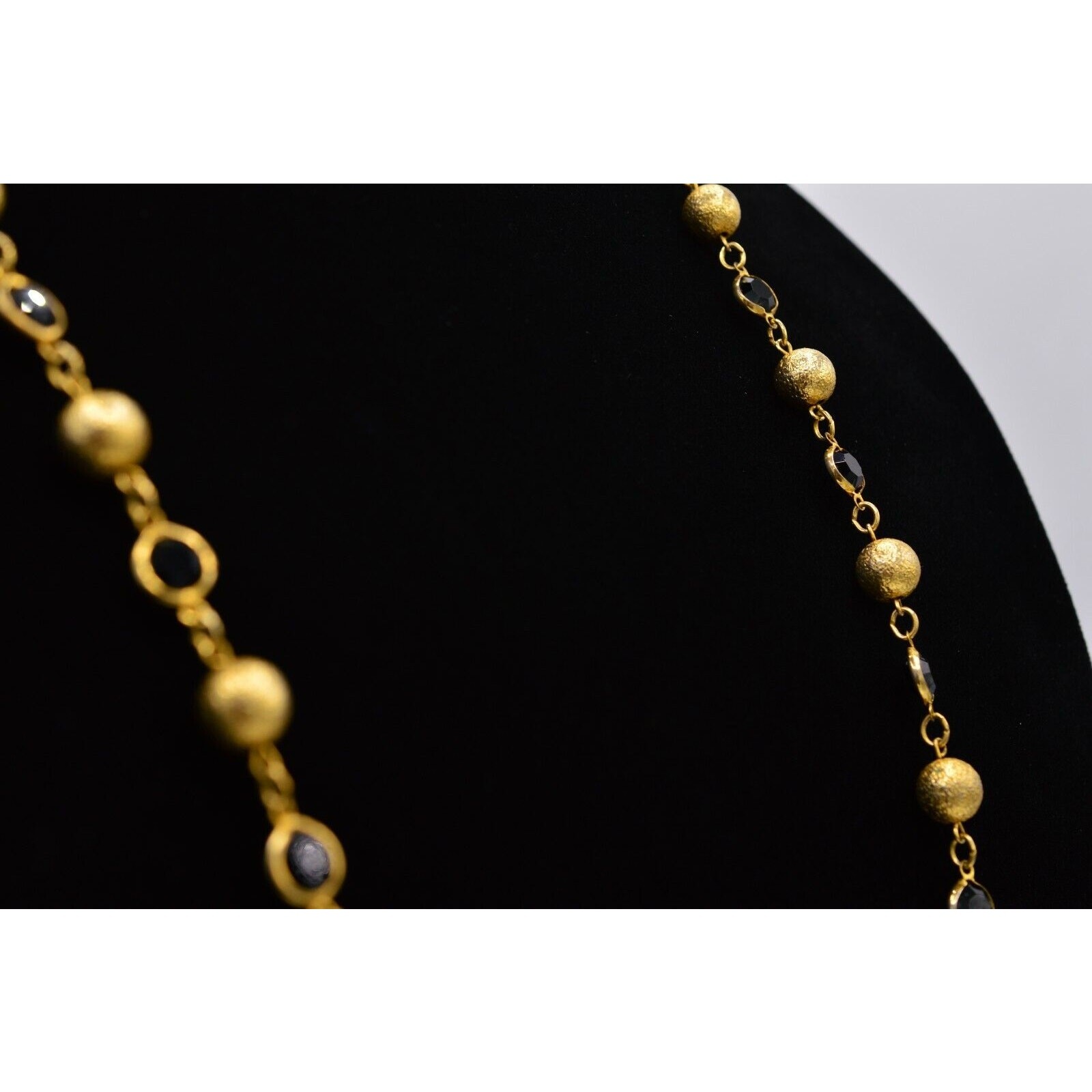 Austrian Crystal USA Vintage Necklace Black Open Bezel Gold Ball Signed 80s Bin8