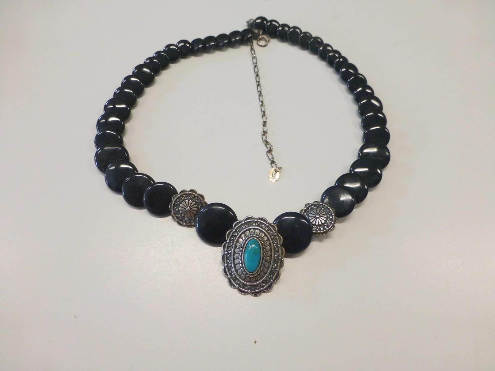Carolyn Pollack Relios Turquoise Concho Onyx Sterling Silver Necklace Indian SW