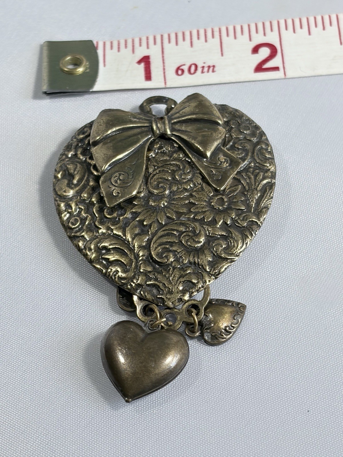 Vtg Heart Art Nouveau Victorian Revival Style Brass Pendant Brooch Floral Ornate