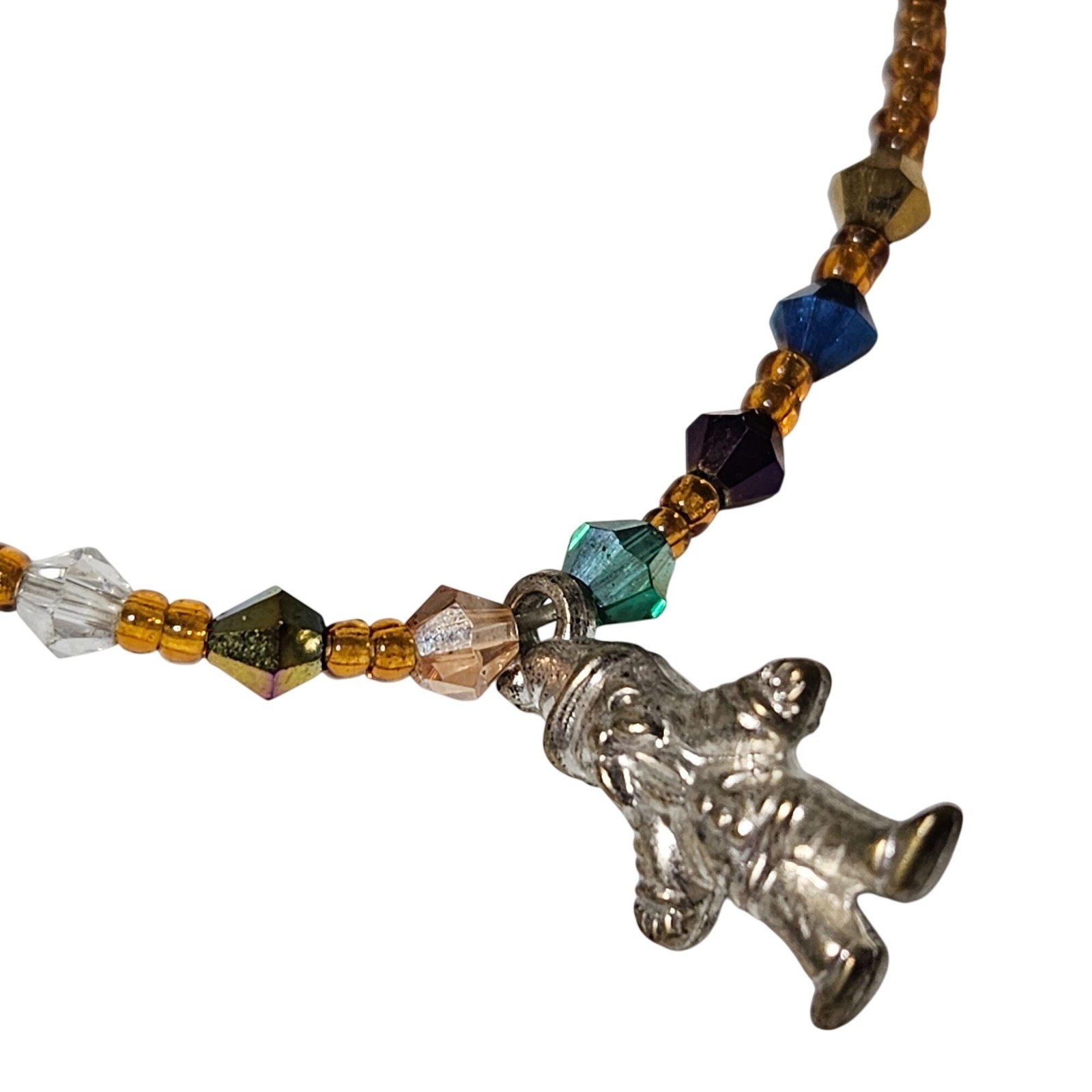 Vintage Handmade Beaded Choker Necklace Silver Toned Leprechaun Gnome Charm