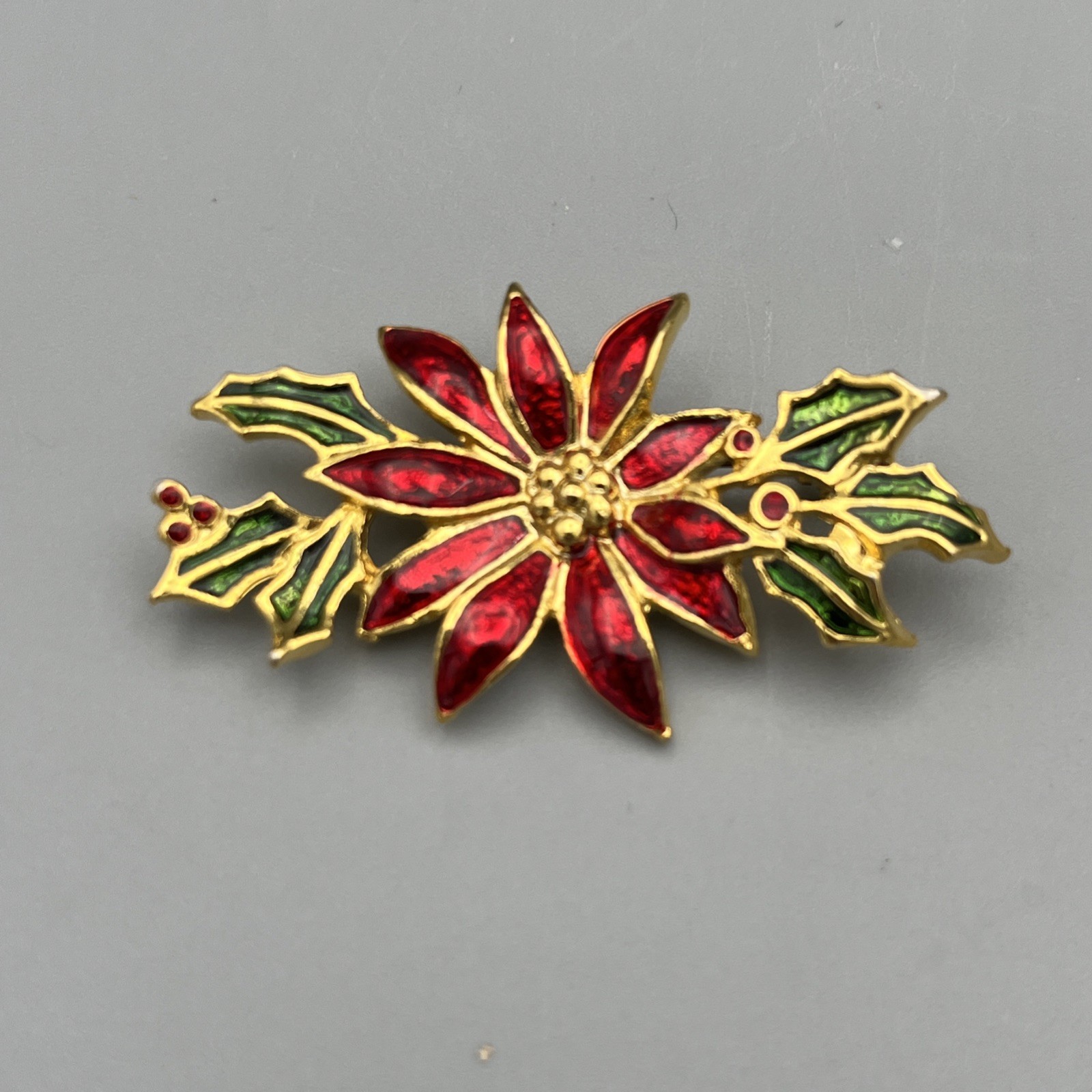 Vintage Christmas Poinsettia Holiday Pin Brooch Green Red Enamel Gold Tone 2”