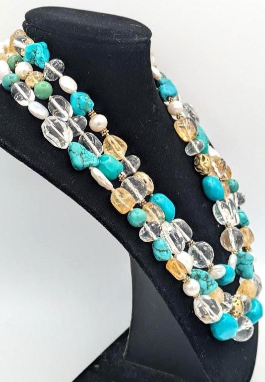 Vintage Turquoise Beaded Necklace Quartz Pearl Sterling Vermeil Multi Strand