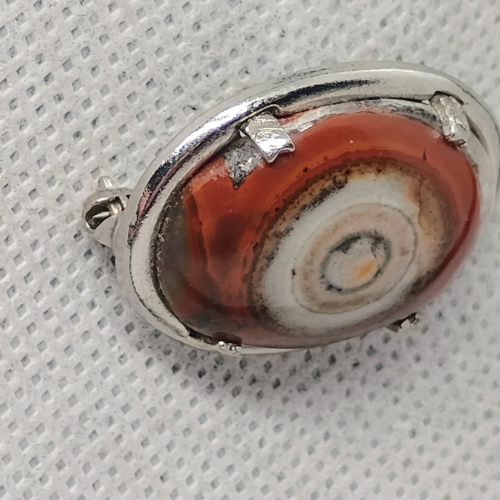 Vtg Bullseye Eye Agate Brooch Silver Tone Carnelian Orange Brown White Oval