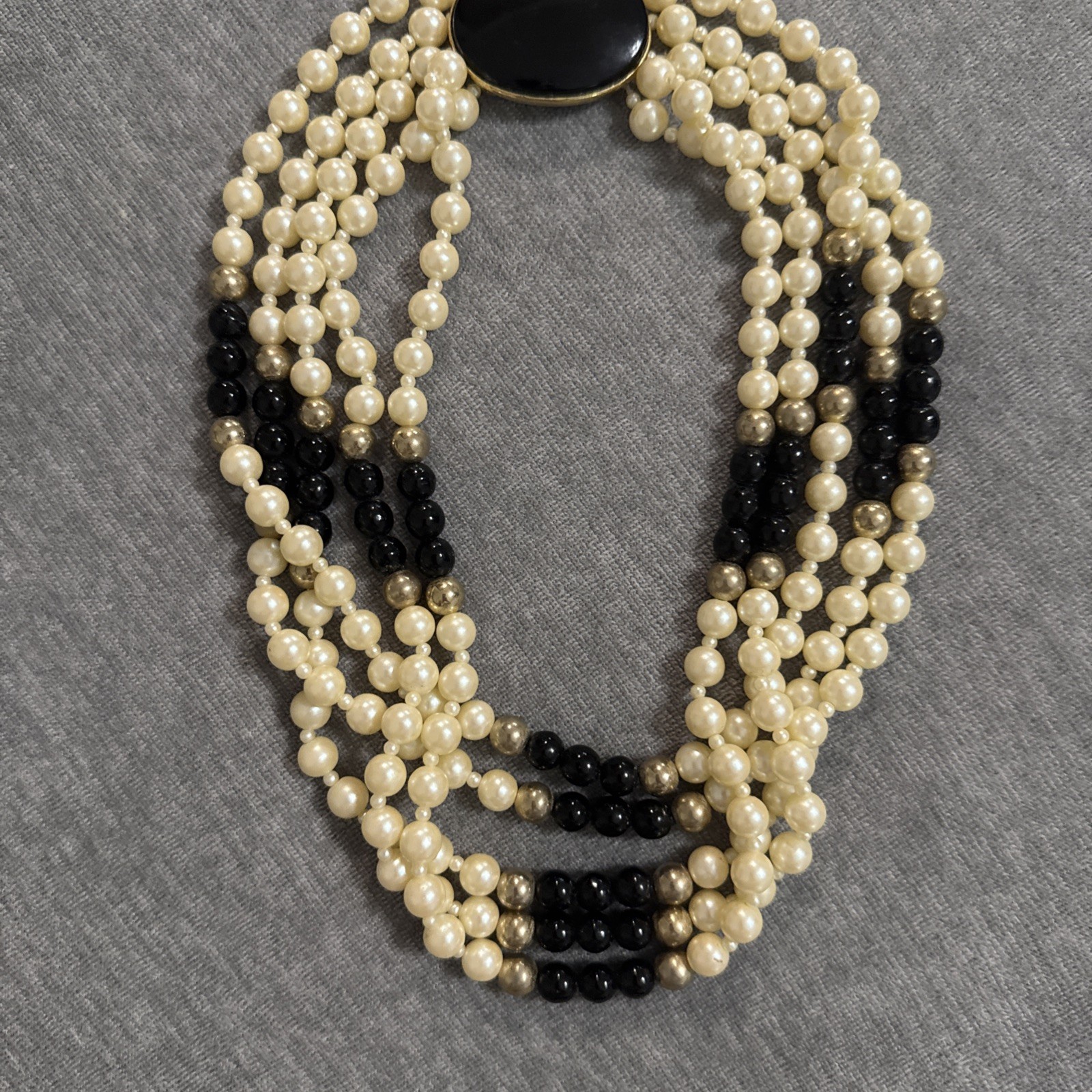VTY Gay Boyer Faux Pearl Onyx Multi Strand Beaded Bib Statement Necklace Classic