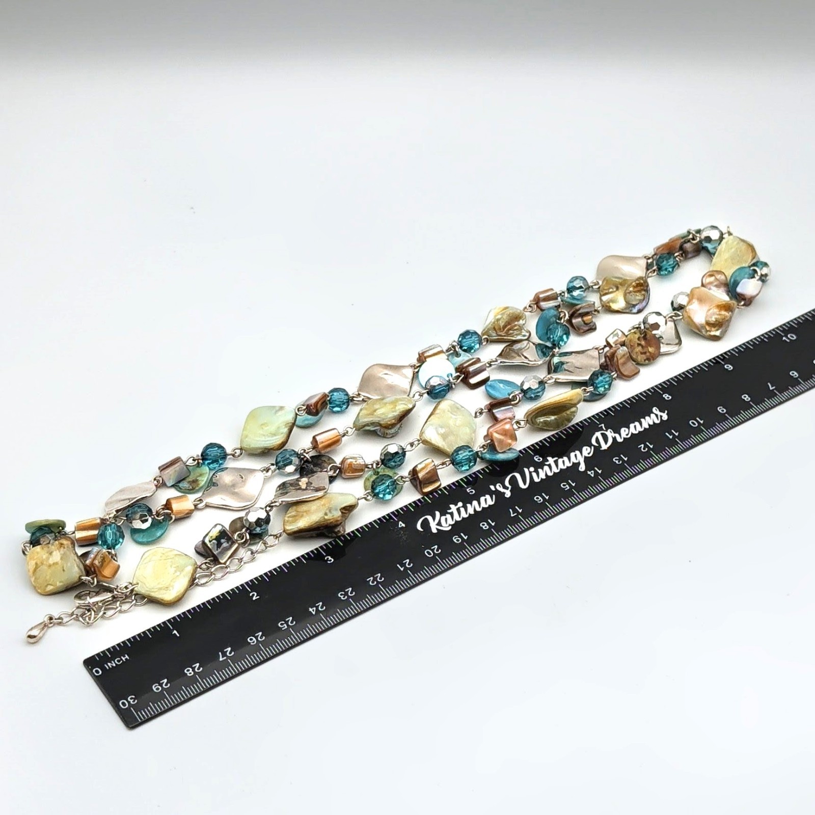 Lia Sophia Signed “Ocean Air” Abalone Shell & Glass Beads Silver Tone Necklace