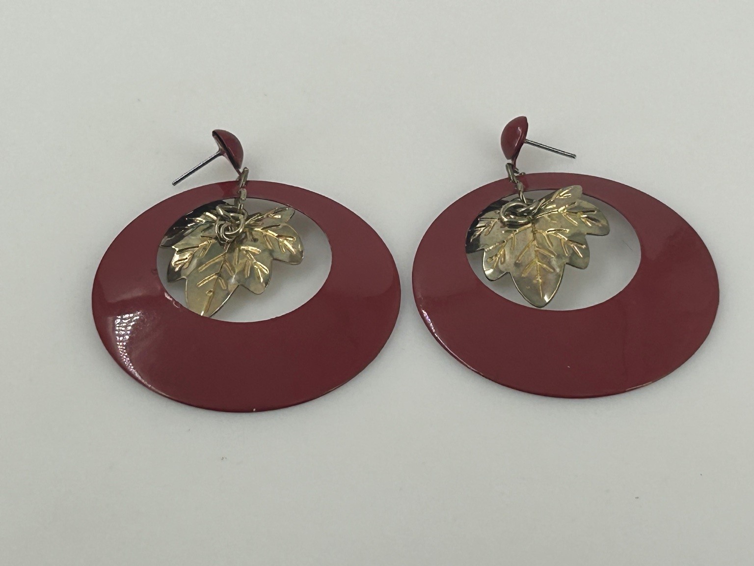 Vintage Dangle Drop Earrings Gold Tone Metal Red Enamel Leaf Charm